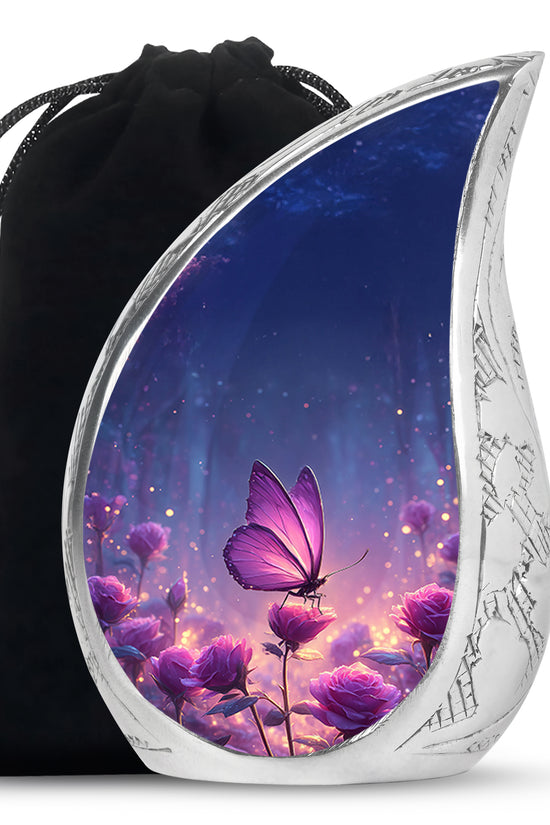 Royal Blue Butterfly Cremation Urn front view showing detailed design - smooth teardrop contour featuring butterfly art - full-size 10 inch 200 cubic inch adult cremation urn