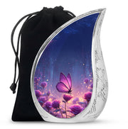Royal Blue Butterfly Cremation Urn front view showing detailed design - smooth teardrop contour featuring butterfly art - full-size 10 inch 200 cubic inch adult cremation urn