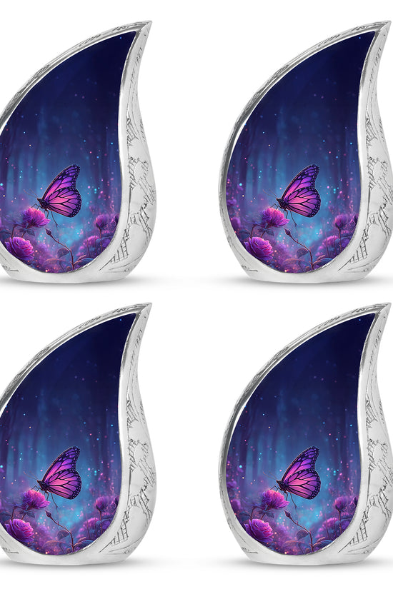 Indigo Butterfly Cremation Urn close-up of engraving and surface detail - rounded teardrop butterfly design with delicate detail - 10 inch aluminum urn for cremated remains