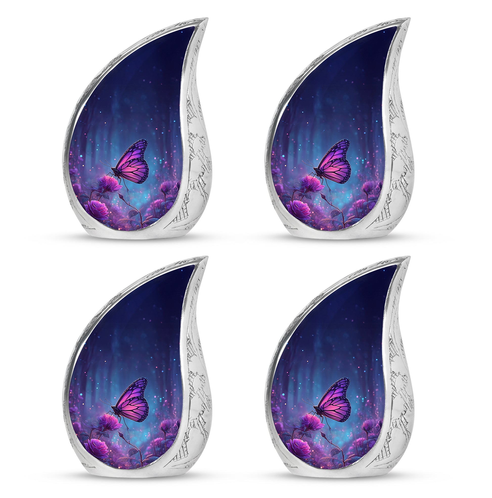Indigo Butterfly Cremation Urn close-up of engraving and surface detail - rounded teardrop butterfly design with delicate detail - 10 inch aluminum urn for cremated remains
