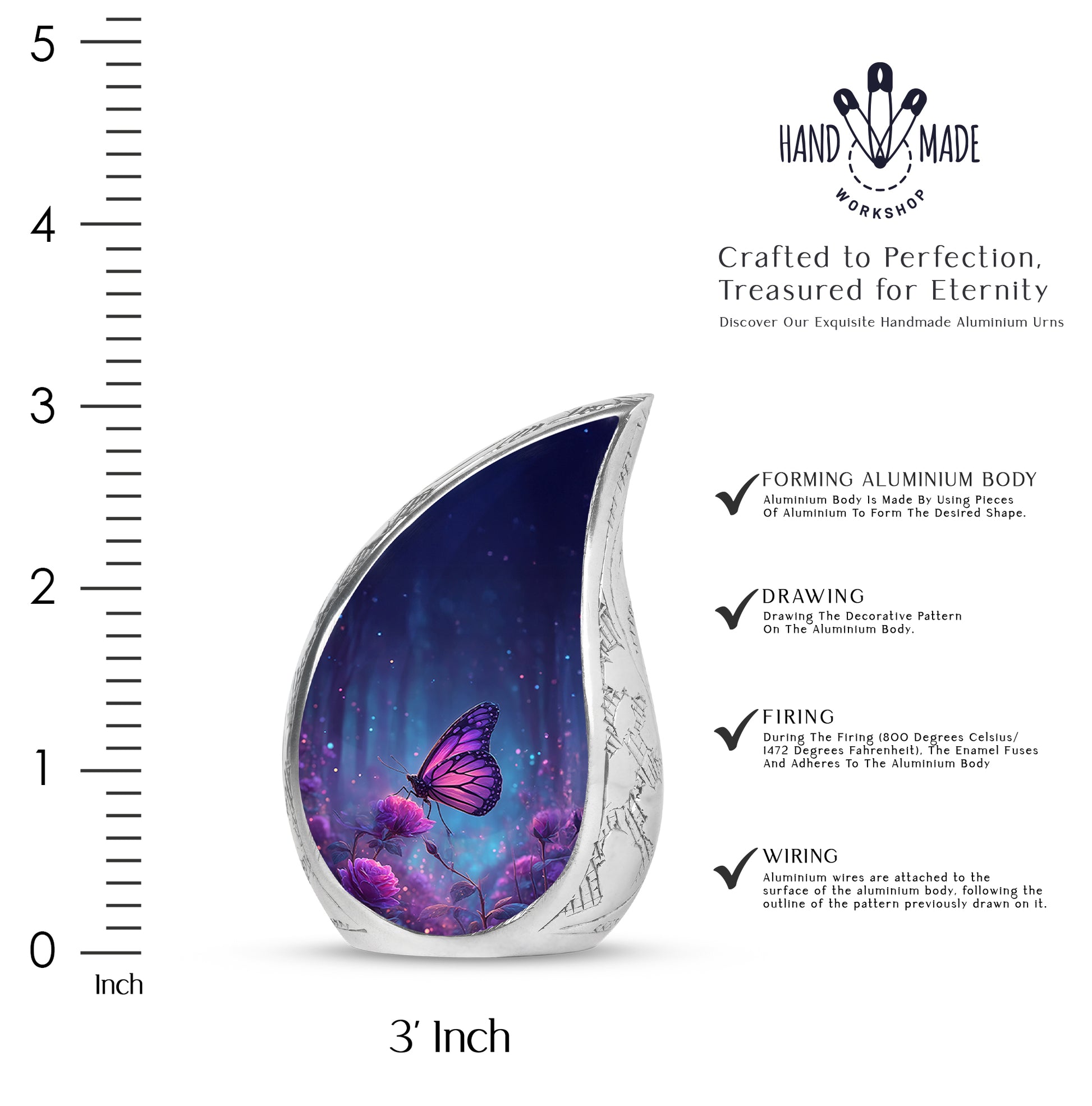 Cornflower Blue Butterfly Cremation Urn angled view of lid and engraved motif - graceful tear-shaped urn with butterfly motif - mini keepsake memorial for portion of cremation ashes
