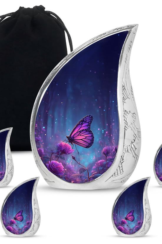 Vivid Blue Butterfly Cremation Urn side profile showing urn shape - graceful tear-shaped urn with butterfly motif - memorial set with one large and four small urns