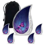Vivid Blue Butterfly Cremation Urn side profile showing urn shape - graceful tear-shaped urn with butterfly motif - memorial set with one large and four small urns