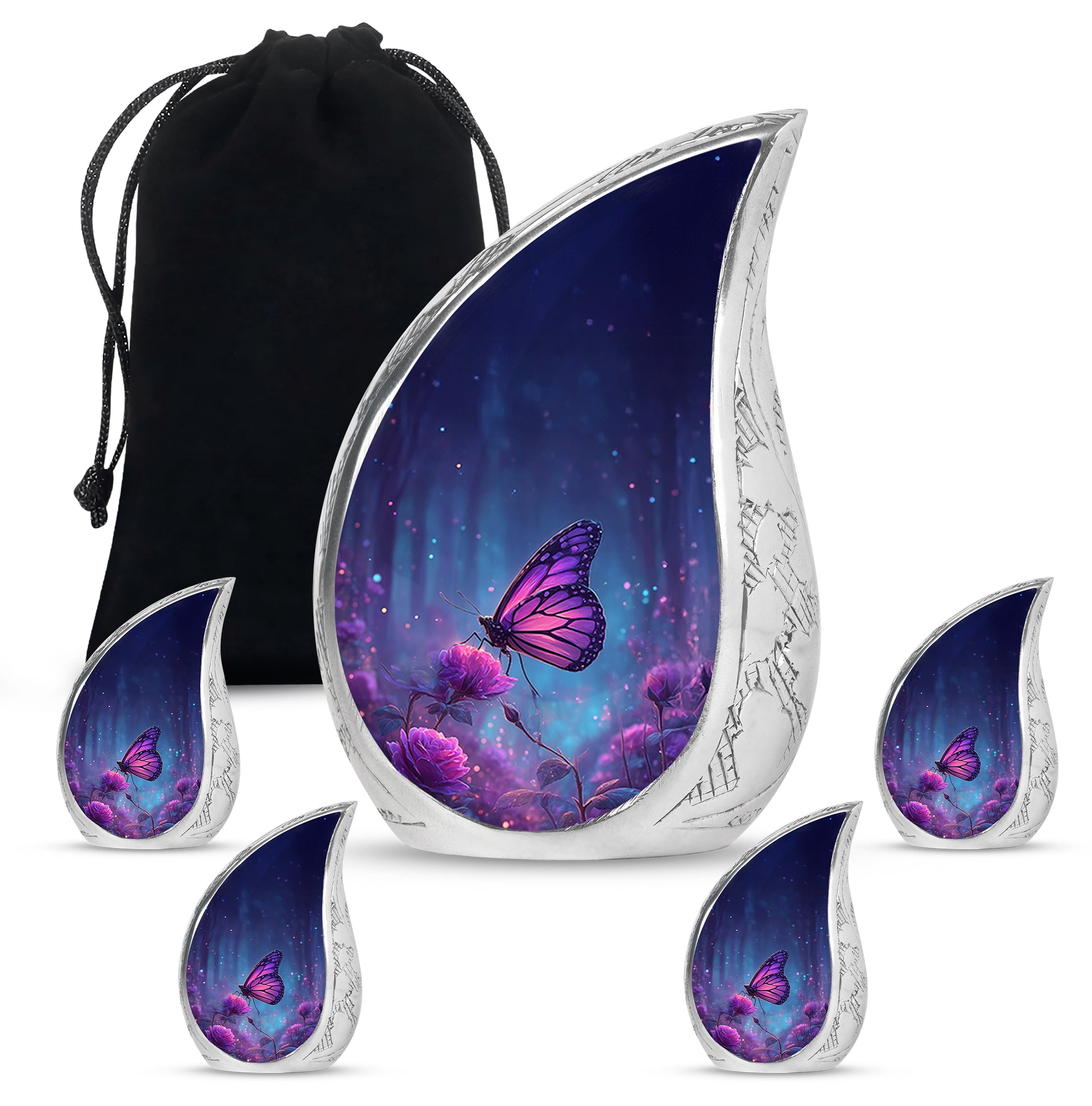 Vivid Blue Butterfly Cremation Urn side profile showing urn shape - graceful tear-shaped urn with butterfly motif - memorial set with one large and four small urns