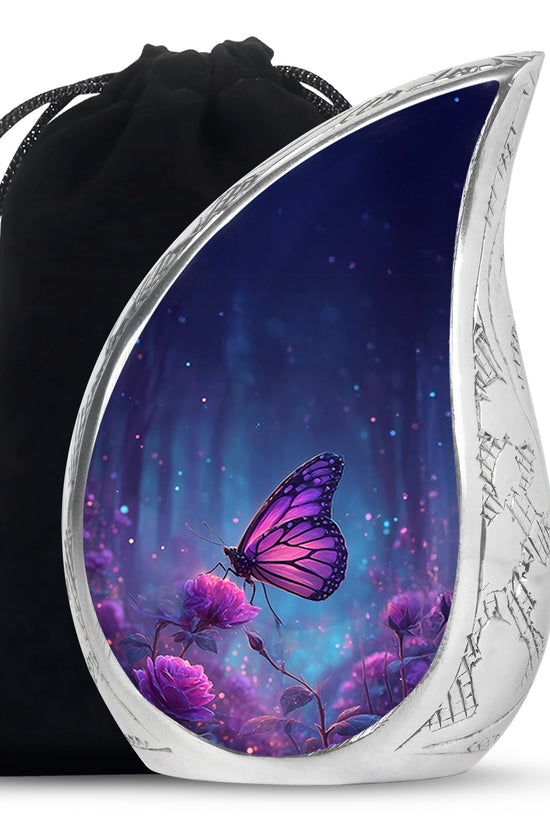 Azure Butterfly Cremation Urn front view showing detailed design - rounded teardrop butterfly design with delicate detail - full-size 10 inch 200 cubic inch adult cremation urn