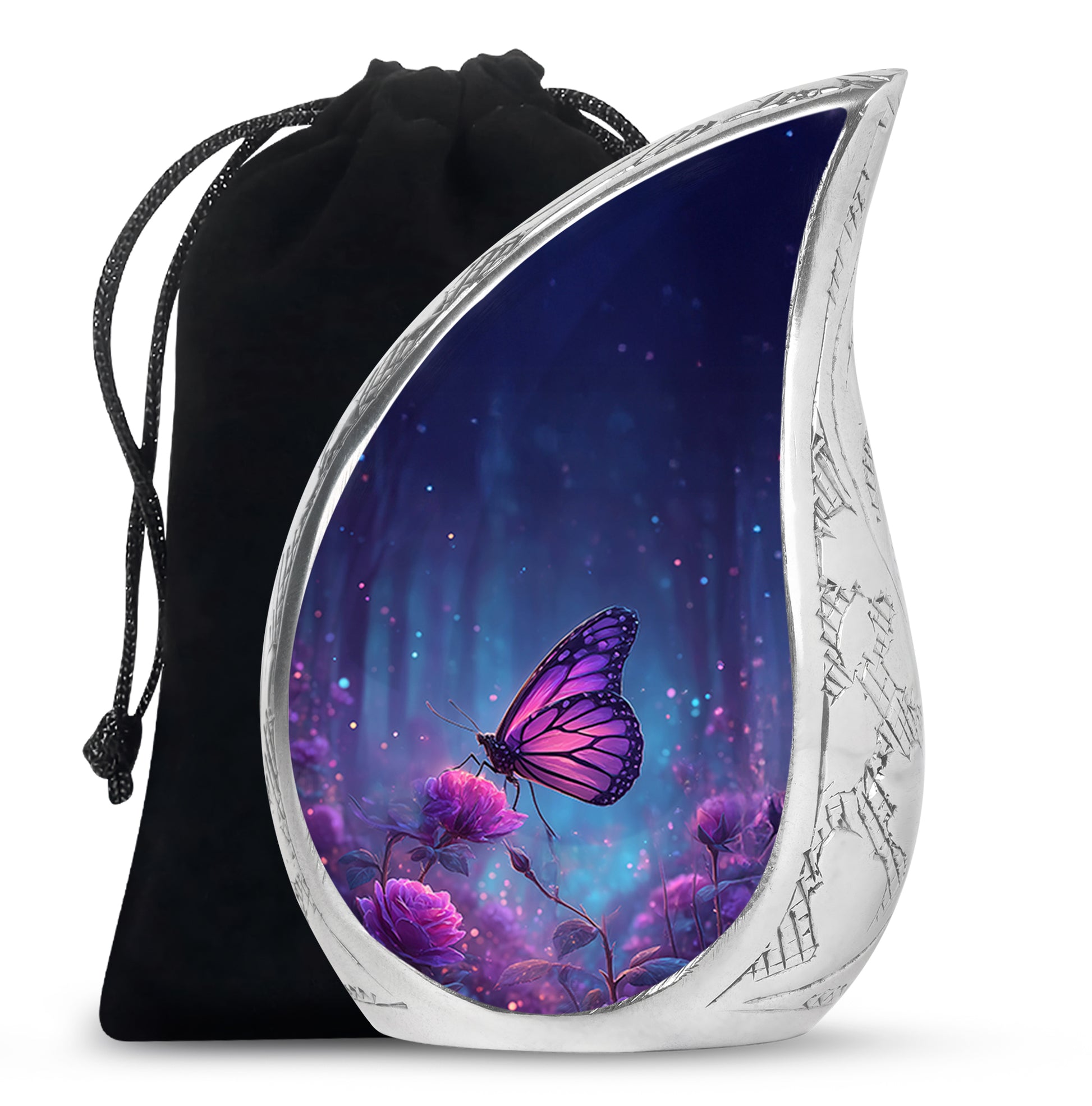 Azure Butterfly Cremation Urn front view showing detailed design - rounded teardrop butterfly design with delicate detail - full-size 10 inch 200 cubic inch adult cremation urn