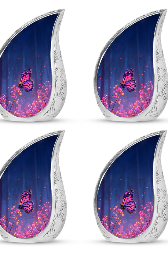 Slate Blue Butterfly Cremation Urn close-up of engraving and surface detail - rounded teardrop butterfly design with delicate detail - 10 inch aluminum urn for cremated remains