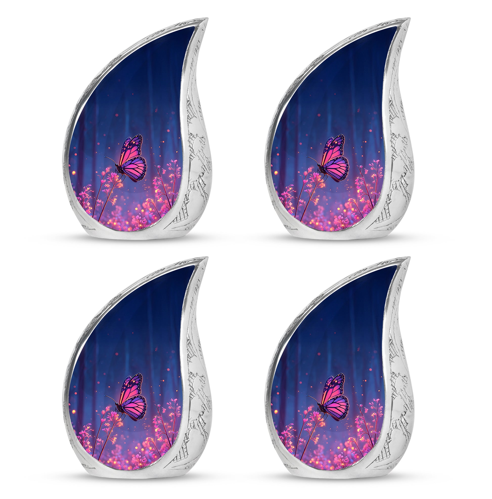 Slate Blue Butterfly Cremation Urn close-up of engraving and surface detail - rounded teardrop butterfly design with delicate detail - 10 inch aluminum urn for cremated remains