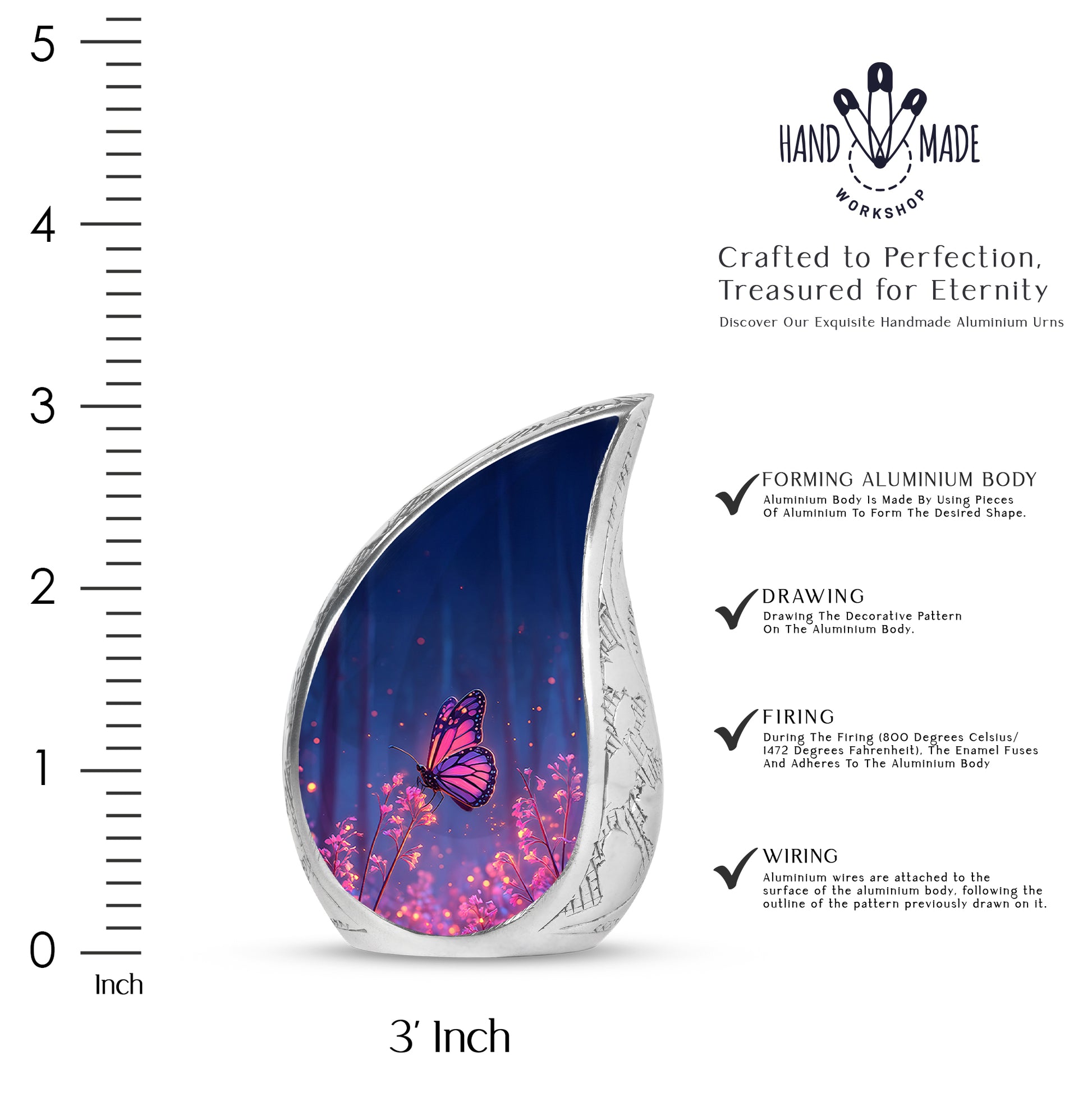 Serene Blue Butterfly Cremation Urn angled view of lid and engraved motif - smooth teardrop contour featuring butterfly art - mini keepsake memorial for portion of cremation ashes