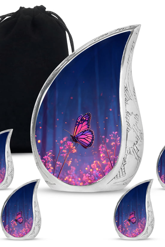 Vivid Blue Butterfly Cremation Urn side profile showing urn shape - smooth teardrop contour featuring butterfly art - memorial set with one large and four small urns