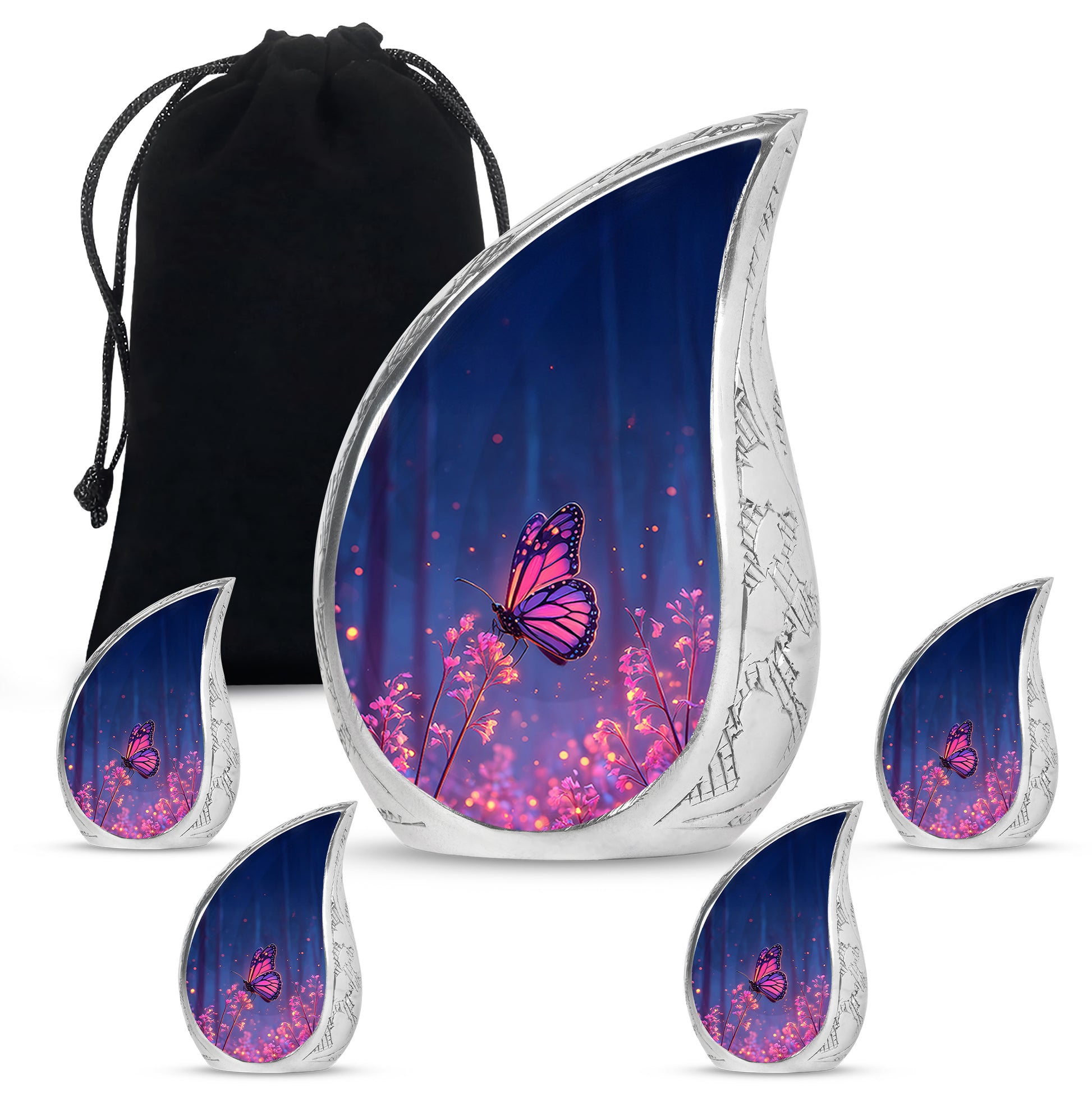 Vivid Blue Butterfly Cremation Urn side profile showing urn shape - smooth teardrop contour featuring butterfly art - memorial set with one large and four small urns