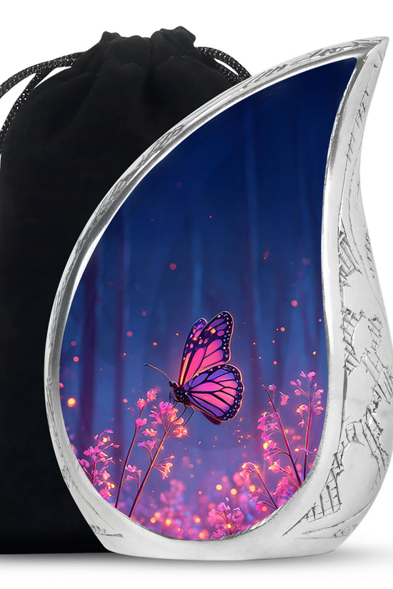 Pastel Blue Butterfly Cremation Urn front view showing detailed design - rounded teardrop butterfly design with delicate detail - full-size 10 inch 200 cubic inch adult cremation urn