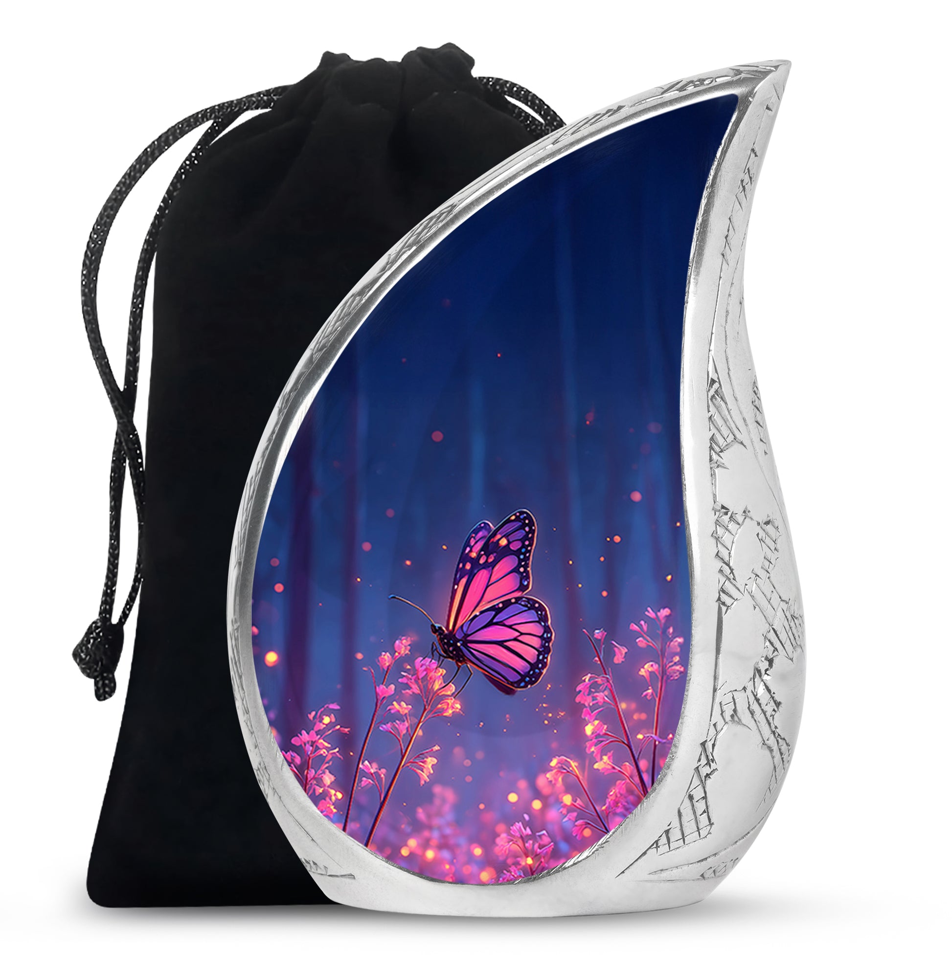 Pastel Blue Butterfly Cremation Urn front view showing detailed design - rounded teardrop butterfly design with delicate detail - full-size 10 inch 200 cubic inch adult cremation urn