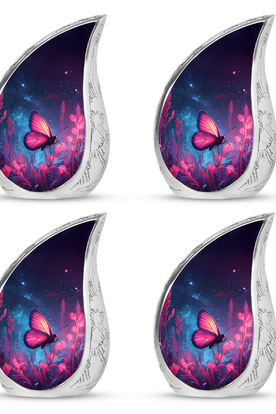 Sky Blue Butterfly Cremation Urn close-up of engraving and surface detail - flowing teardrop butterfly silhouette on curved aluminum - 10 inch aluminum urn for cremated remains