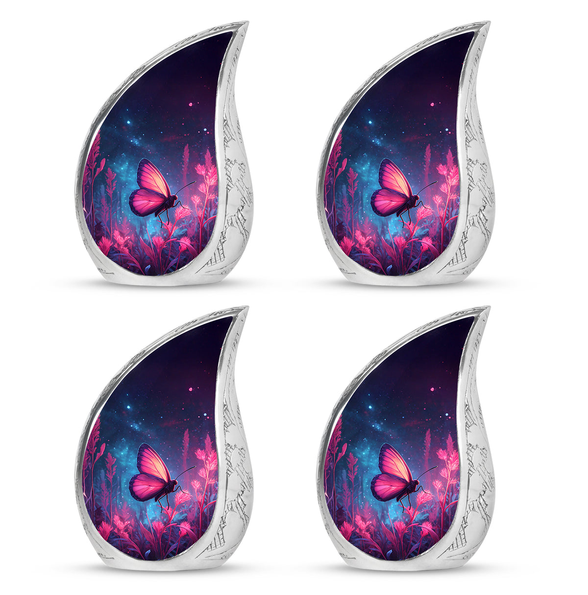 Sky Blue Butterfly Cremation Urn close-up of engraving and surface detail - flowing teardrop butterfly silhouette on curved aluminum - 10 inch aluminum urn for cremated remains