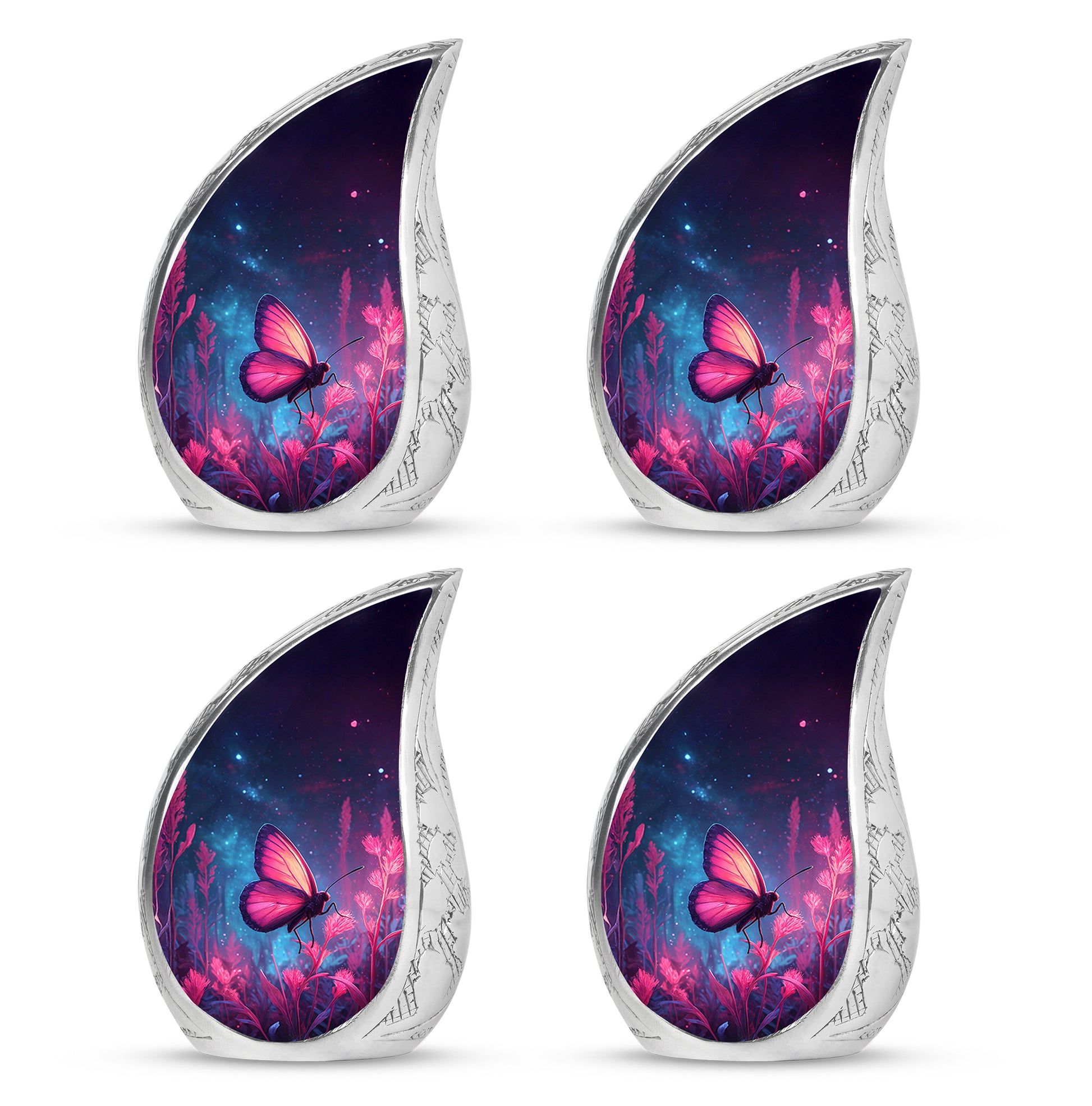 Sky Blue Butterfly Cremation Urn close-up of engraving and surface detail - flowing teardrop butterfly silhouette on curved aluminum - 10 inch aluminum urn for cremated remains