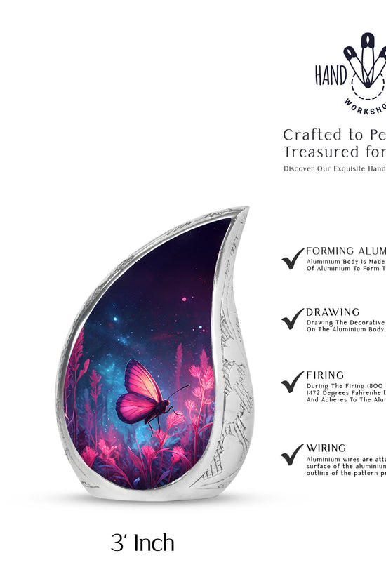 Vivid Blue Butterfly Cremation Urn angled view of lid and engraved motif - smooth teardrop contour featuring butterfly art - mini keepsake memorial for portion of cremation ashes