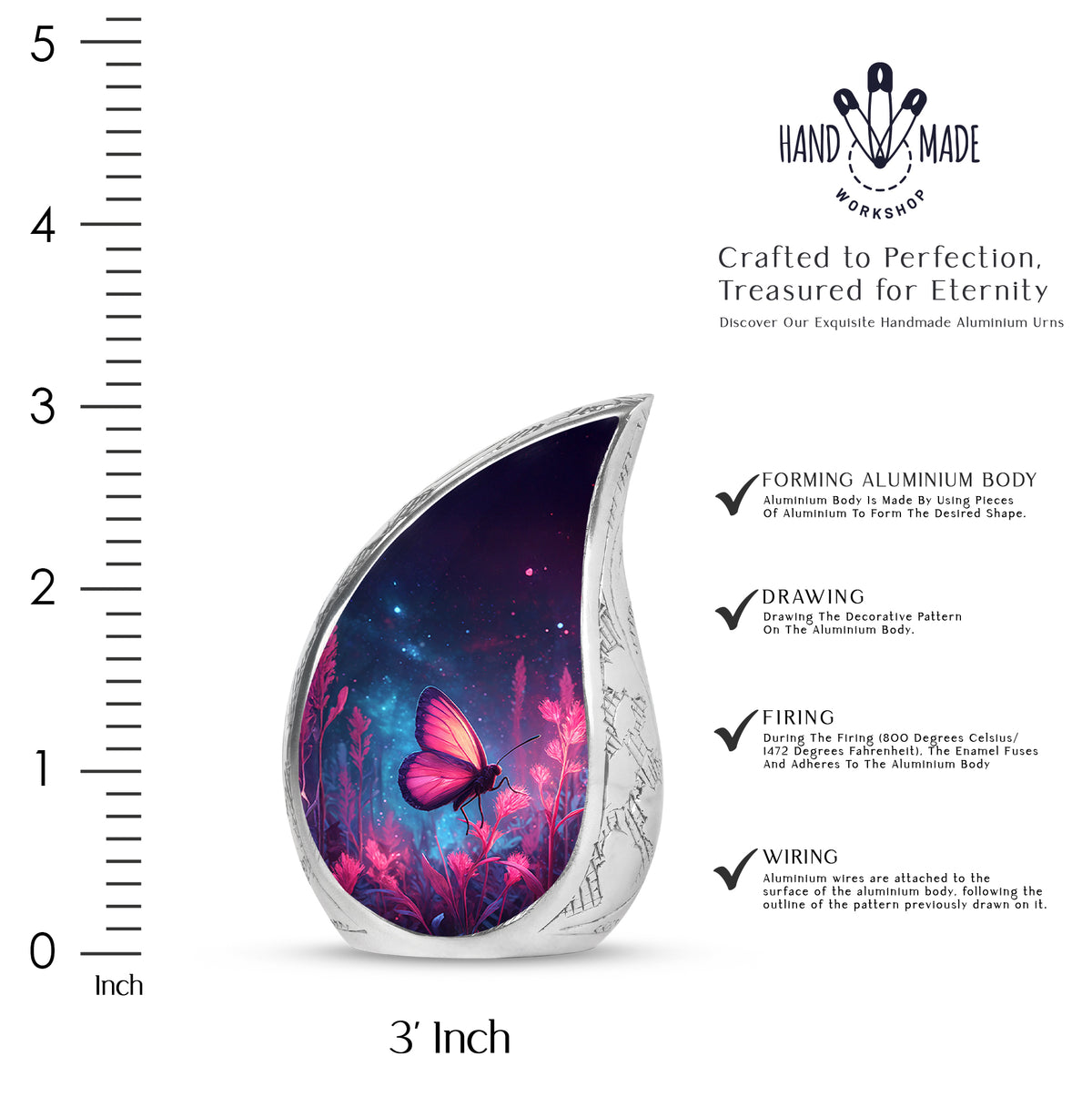 Vivid Blue Butterfly Cremation Urn angled view of lid and engraved motif - smooth teardrop contour featuring butterfly art - mini keepsake memorial for portion of cremation ashes