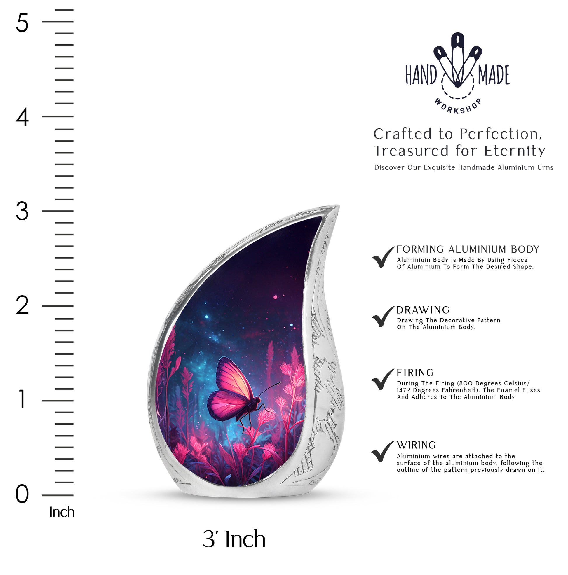 Vivid Blue Butterfly Cremation Urn angled view of lid and engraved motif - smooth teardrop contour featuring butterfly art - mini keepsake memorial for portion of cremation ashes