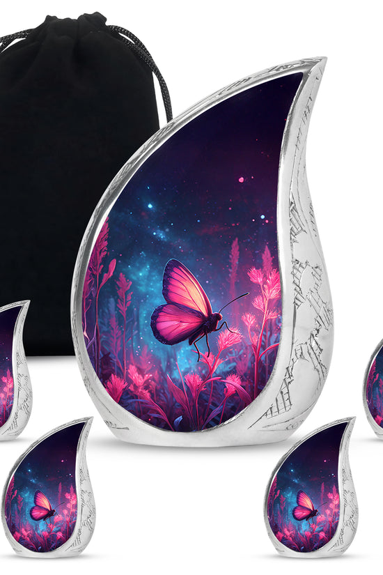 Sky Blue Butterfly Cremation Urn side profile showing urn shape - rounded teardrop butterfly design with delicate detail - memorial set with one large and four small urns