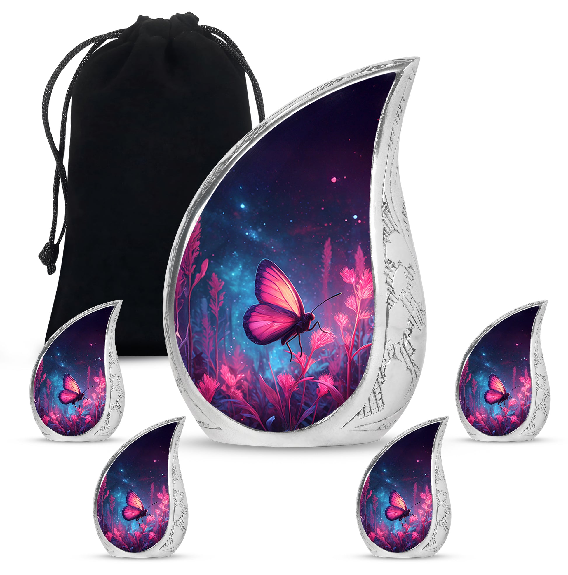 Sky Blue Butterfly Cremation Urn side profile showing urn shape - rounded teardrop butterfly design with delicate detail - memorial set with one large and four small urns