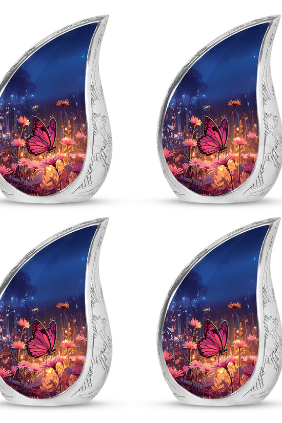 Slate Blue Butterfly Cremation Urn close-up of engraving and surface detail - flowing teardrop butterfly silhouette on curved aluminum - 10 inch aluminum urn for cremated remains