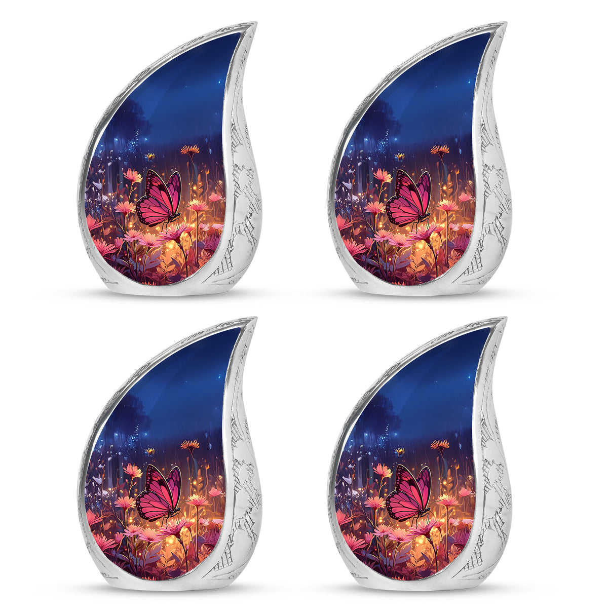 Slate Blue Butterfly Cremation Urn close-up of engraving and surface detail - flowing teardrop butterfly silhouette on curved aluminum - 10 inch aluminum urn for cremated remains