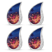 Slate Blue Butterfly Cremation Urn close-up of engraving and surface detail - flowing teardrop butterfly silhouette on curved aluminum - 10 inch aluminum urn for cremated remains