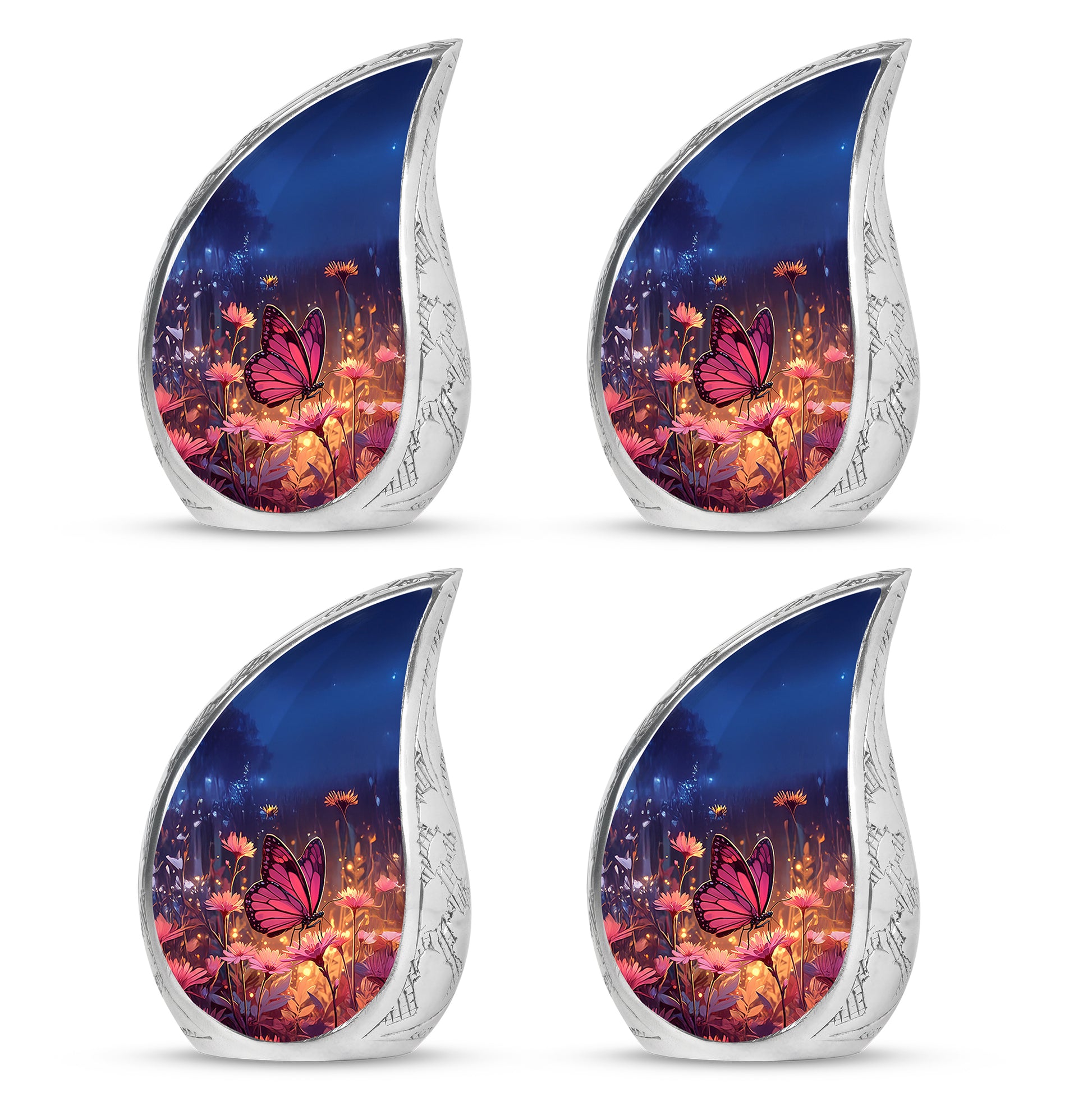 Slate Blue Butterfly Cremation Urn close-up of engraving and surface detail - flowing teardrop butterfly silhouette on curved aluminum - 10 inch aluminum urn for cremated remains