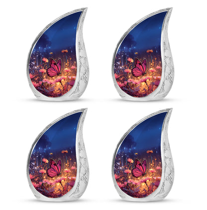 Slate Blue Butterfly Cremation Urn close-up of engraving and surface detail - flowing teardrop butterfly silhouette on curved aluminum - 10 inch aluminum urn for cremated remains