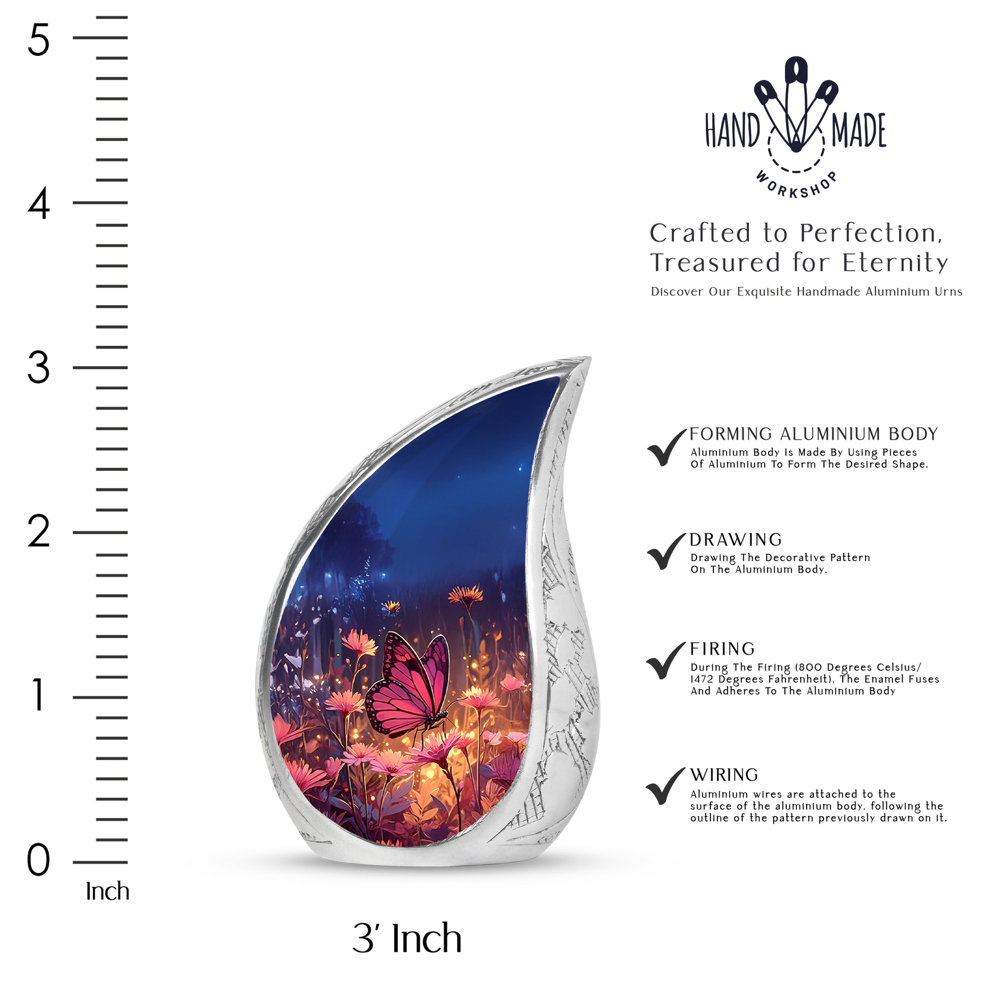 Twilight Blue Butterfly Cremation Urn angled view of lid and engraved motif - graceful tear-shaped urn with butterfly motif - mini keepsake memorial for portion of cremation ashes