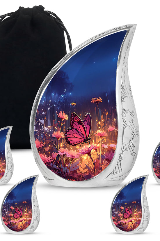 Indigo Butterfly Cremation Urn side profile showing urn shape - flowing teardrop butterfly silhouette on curved aluminum - memorial set with one large and four small urns