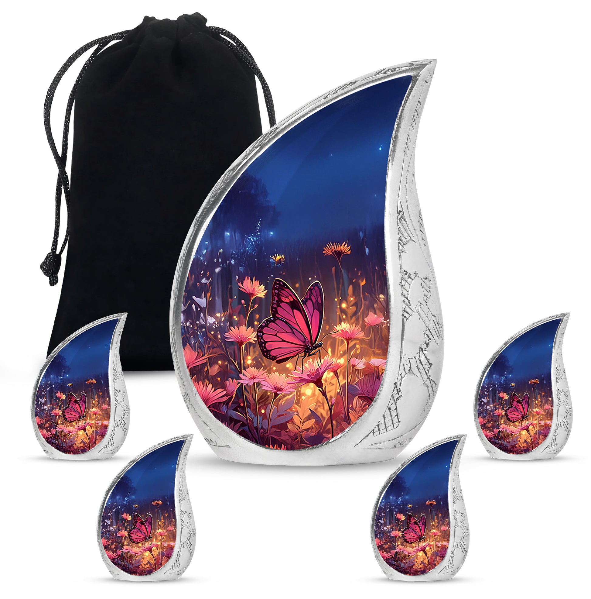 Indigo Butterfly Cremation Urn side profile showing urn shape - flowing teardrop butterfly silhouette on curved aluminum - memorial set with one large and four small urns