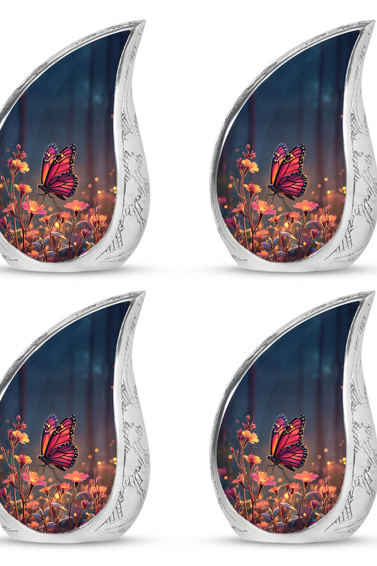 Powder Blue Butterfly Cremation Urn close-up of engraving and surface detail - rounded teardrop butterfly design with delicate detail - 10 inch aluminum urn for cremated remains