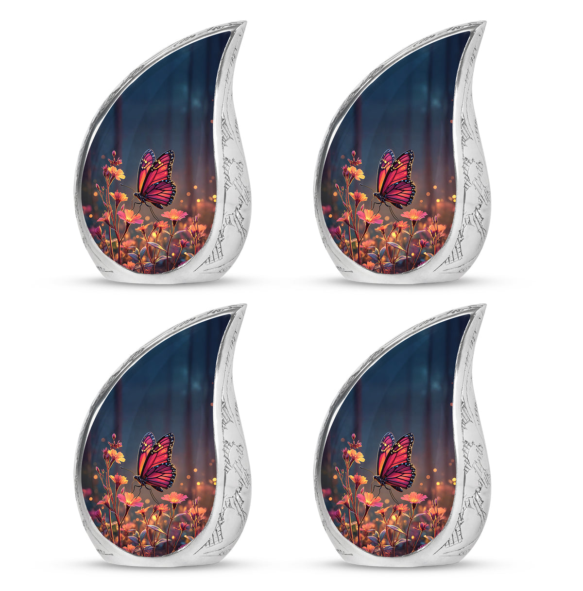 Powder Blue Butterfly Cremation Urn close-up of engraving and surface detail - rounded teardrop butterfly design with delicate detail - 10 inch aluminum urn for cremated remains