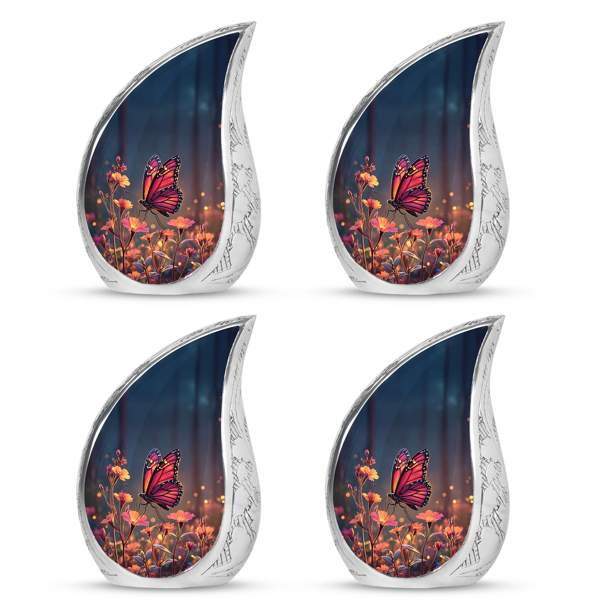 Powder Blue Butterfly Cremation Urn close-up of engraving and surface detail - rounded teardrop butterfly design with delicate detail - 10 inch aluminum urn for cremated remains