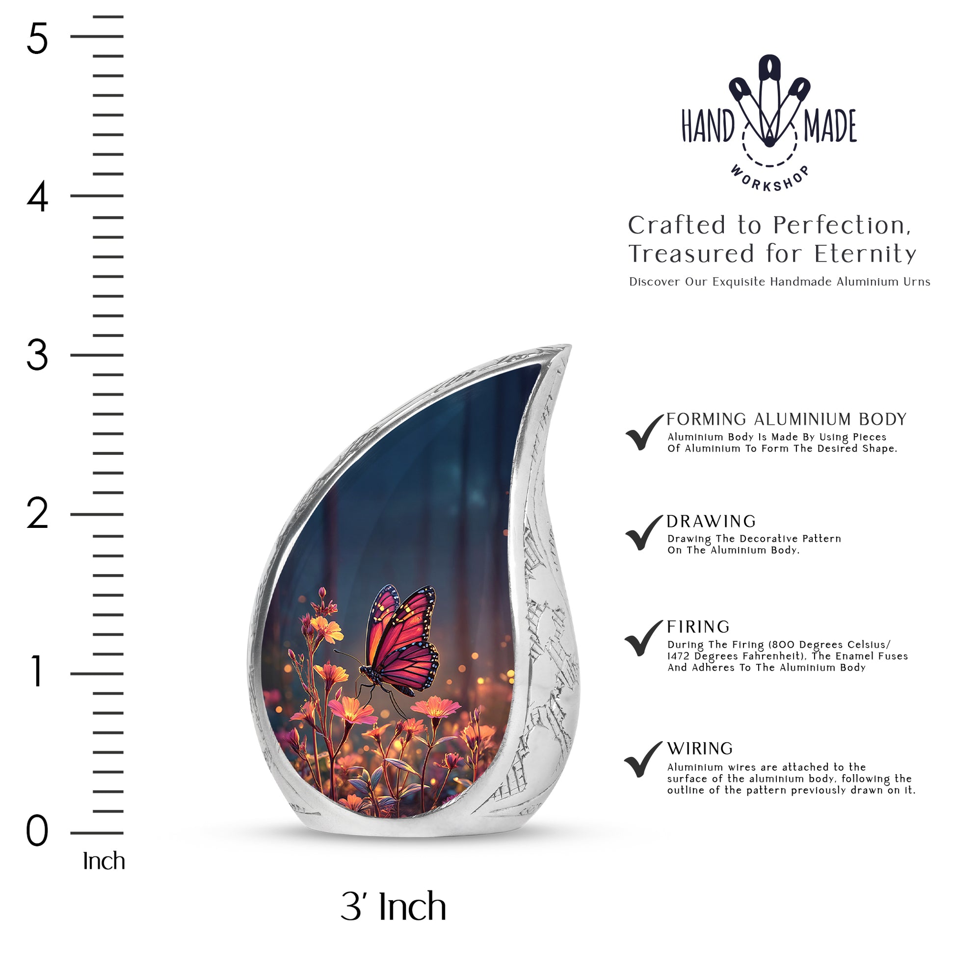 Dusty Blue Butterfly Cremation Urn angled view of lid and engraved motif - flowing teardrop butterfly silhouette on curved aluminum - mini keepsake memorial for portion of cremation ashes