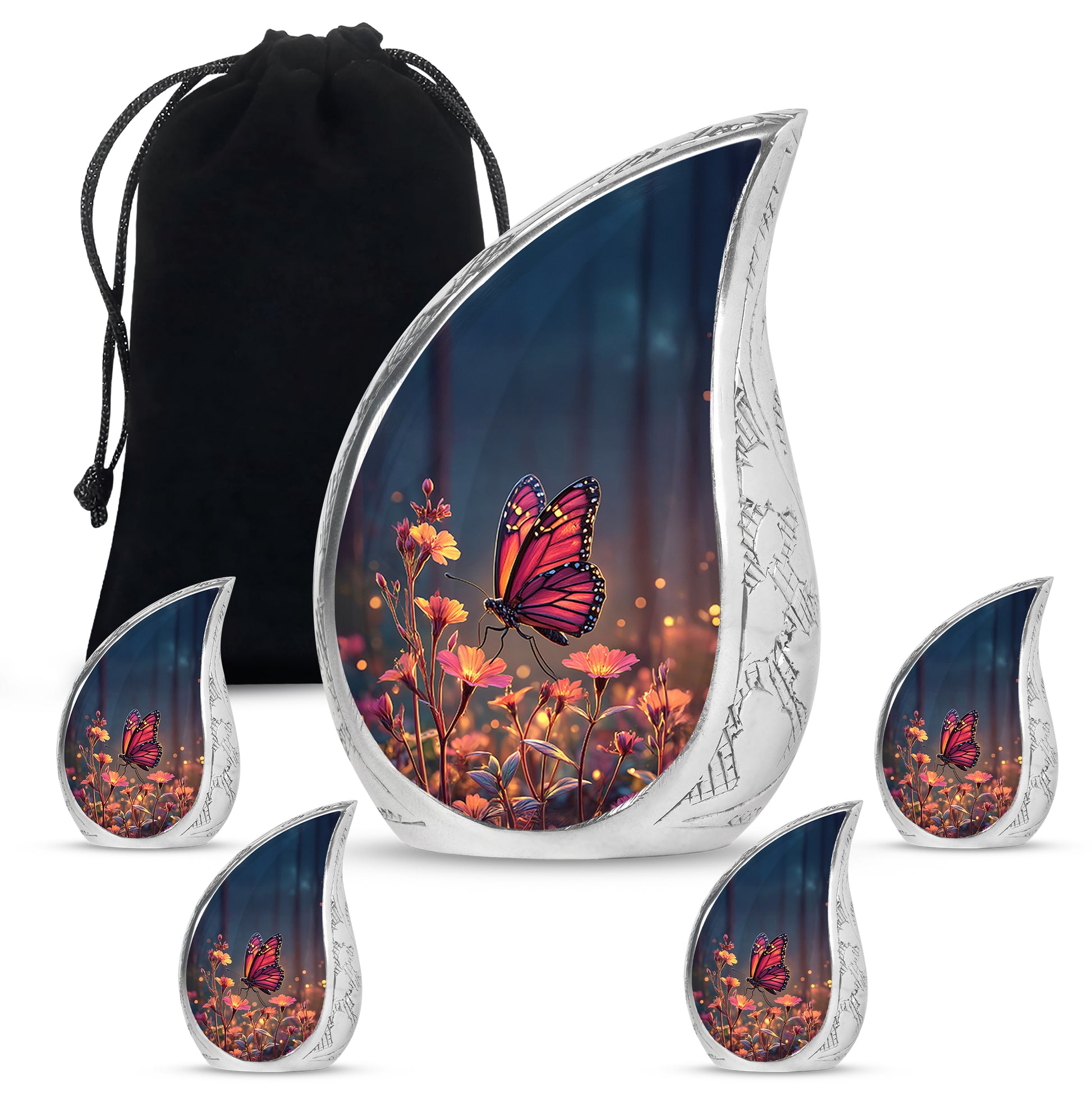 Misty Blue Butterfly Cremation Urn side profile showing urn shape - flowing teardrop butterfly silhouette on curved aluminum - memorial set with one large and four small urns