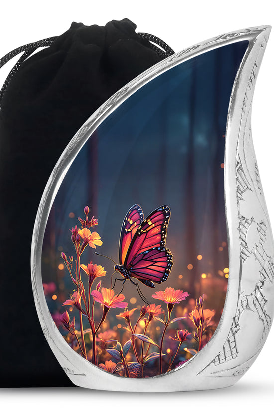 Indigo Butterfly Cremation Urn front view showing detailed design - rounded teardrop butterfly design with delicate detail - full-size 10 inch 200 cubic inch adult cremation urn
