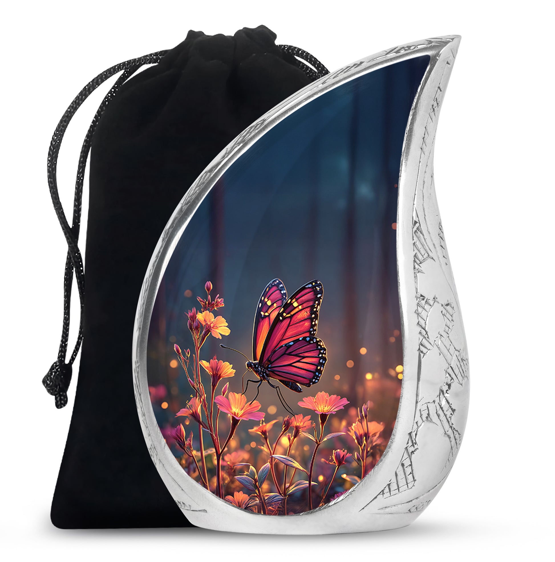 Indigo Butterfly Cremation Urn front view showing detailed design - rounded teardrop butterfly design with delicate detail - full-size 10 inch 200 cubic inch adult cremation urn