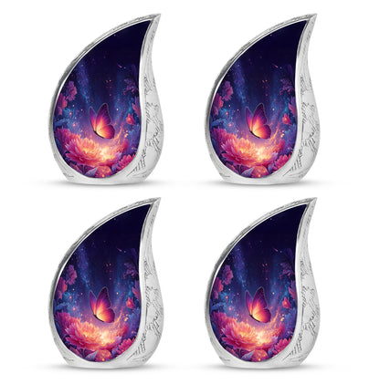 Sky Blue Butterfly Cremation Urn close-up of engraving and surface detail - flowing teardrop butterfly silhouette on curved aluminum - 10 inch aluminum urn for cremated remains