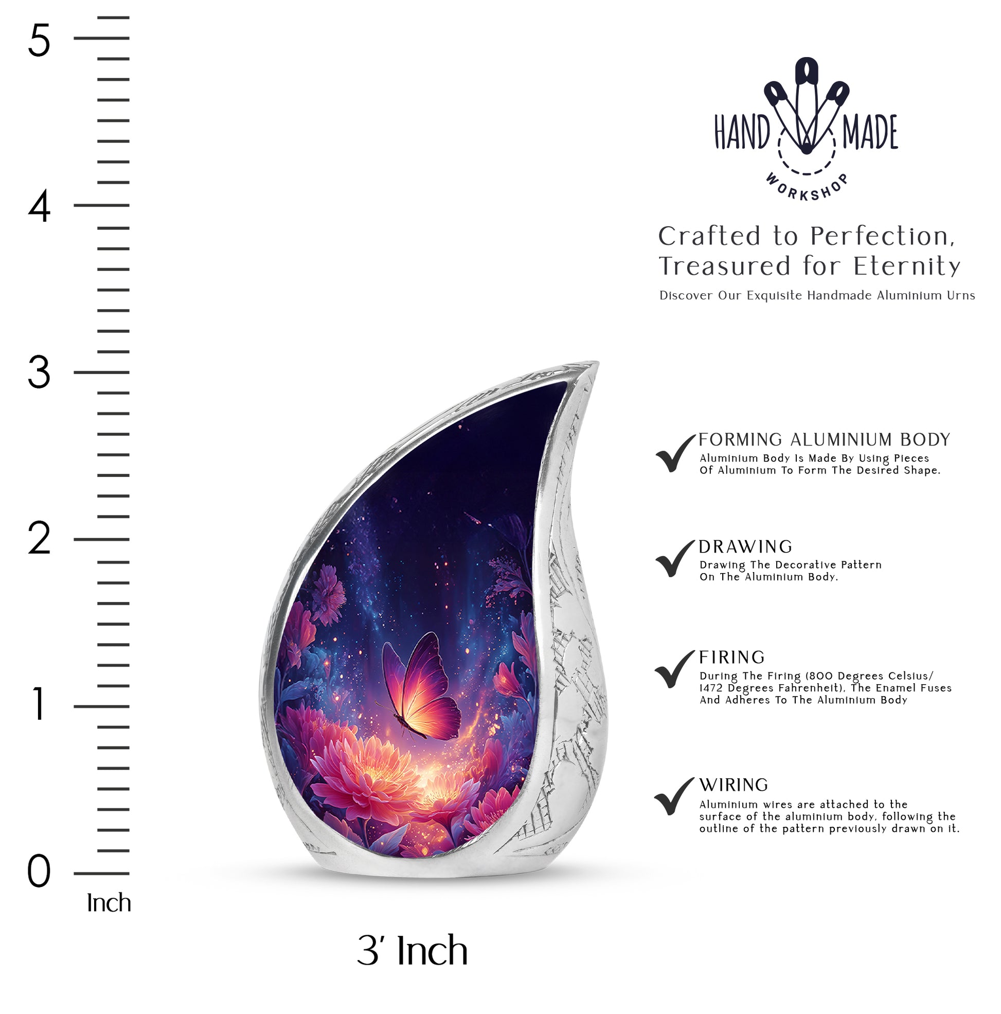 Cobalt Blue Butterfly Cremation Urn angled view of lid and engraved motif - graceful tear-shaped urn with butterfly motif - mini keepsake memorial for portion of cremation ashes