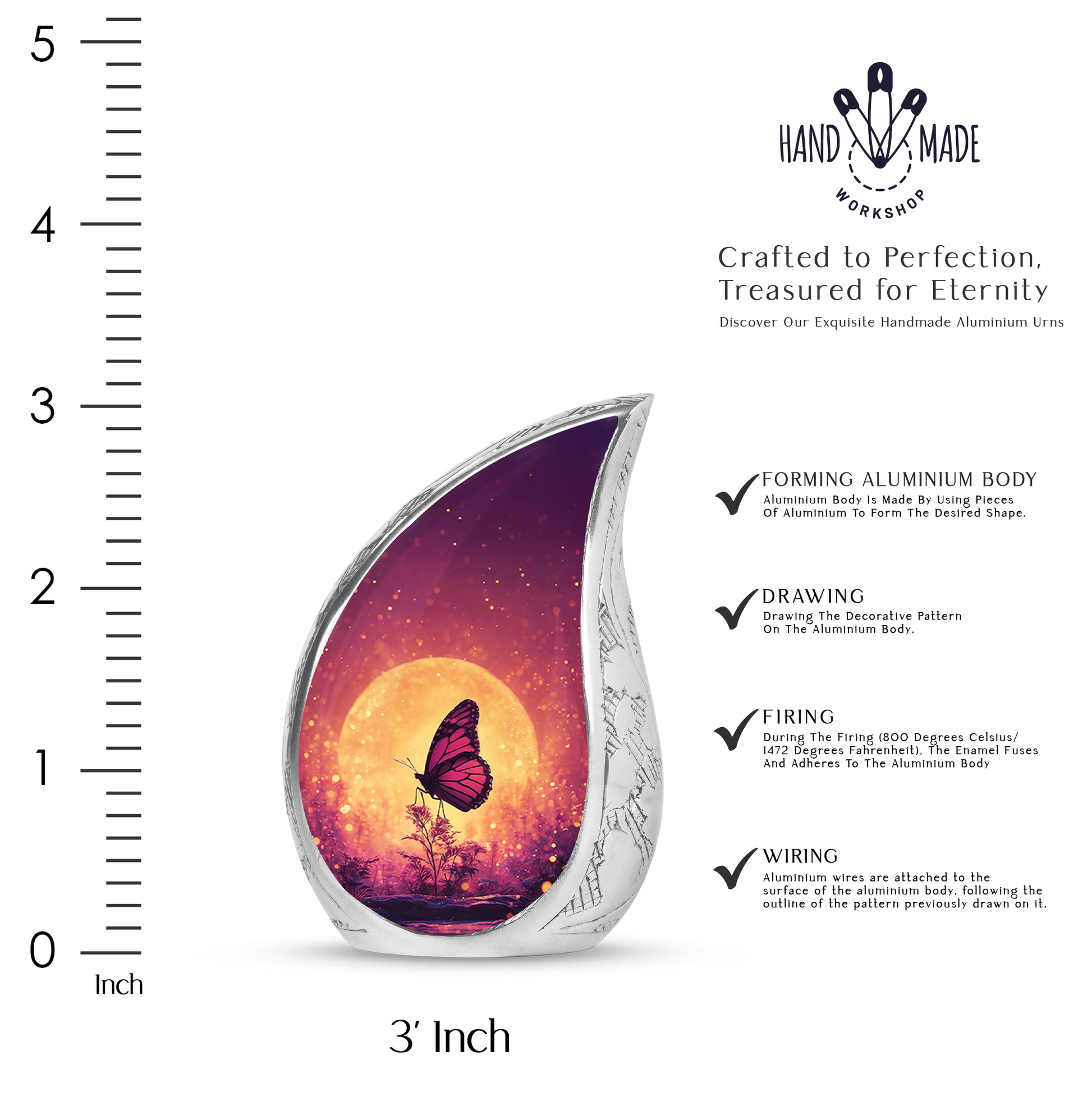 Blush Pink Butterfly Cremation Urn angled view of lid and engraved motif - rounded teardrop butterfly design with delicate detail - mini keepsake memorial for portion of cremation ashes