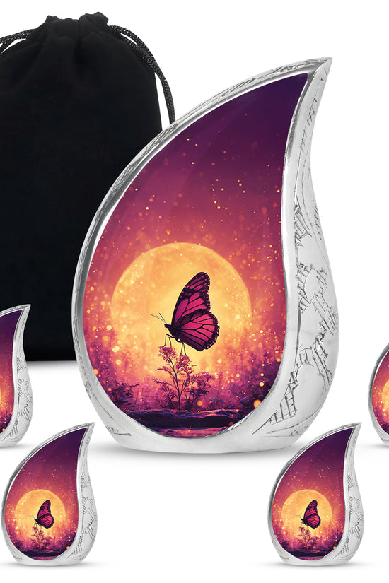 Rose Pink Butterfly Cremation Urn side profile showing urn shape - rounded teardrop butterfly design with delicate detail - memorial set with one large and four small urns