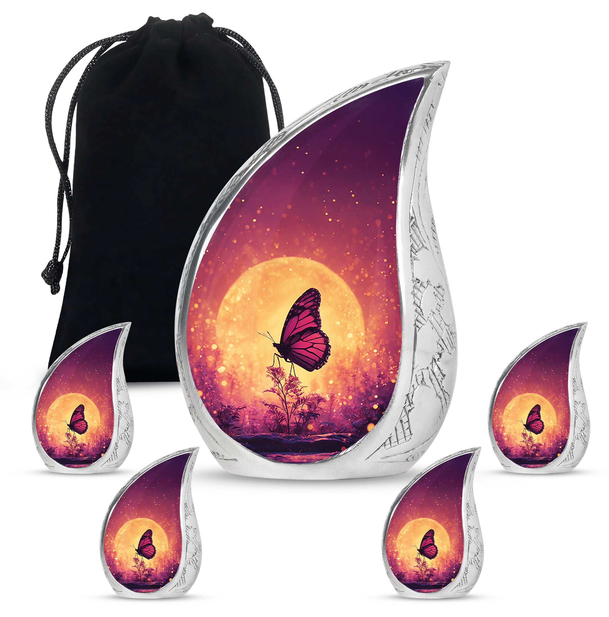 Rose Pink Butterfly Cremation Urn side profile showing urn shape - rounded teardrop butterfly design with delicate detail - memorial set with one large and four small urns
