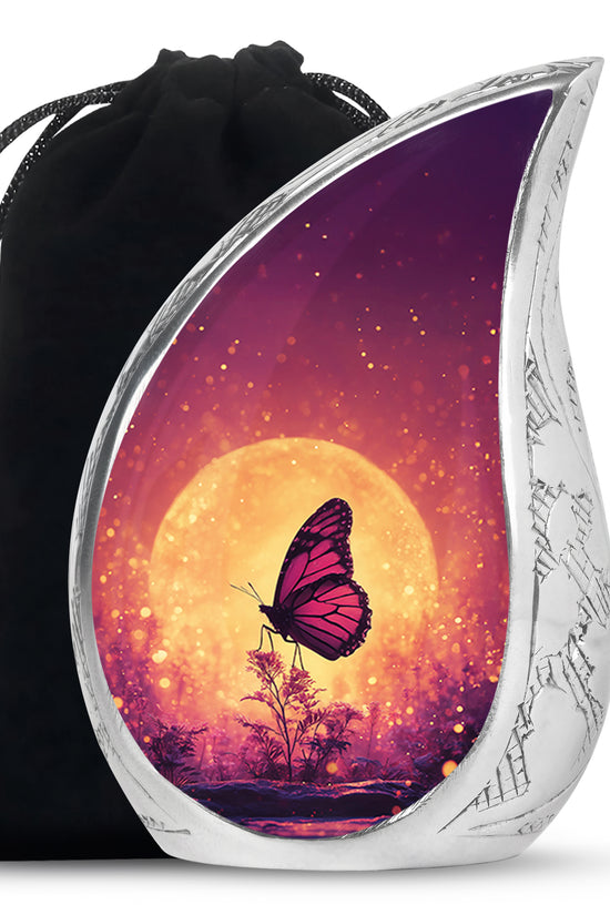 Rose Pink Butterfly Cremation Urn front view showing detailed design - rounded teardrop butterfly design with delicate detail - full-size 10 inch 200 cubic inch adult cremation urn