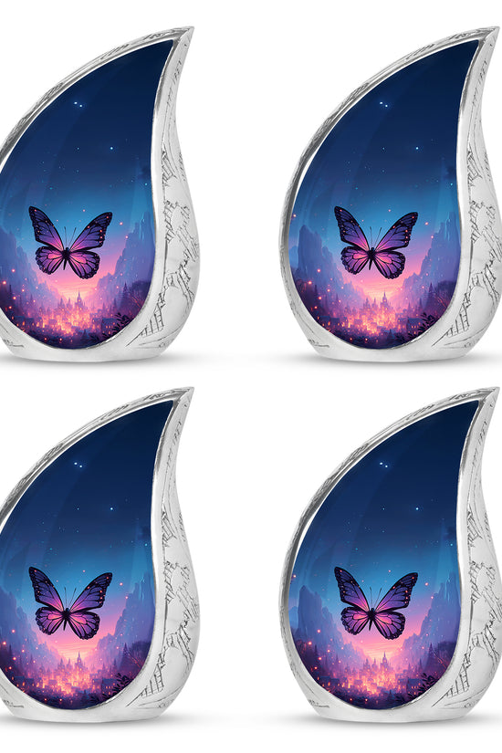 Twilight Blue Butterfly Cremation Urn close-up of engraving and surface detail - graceful tear-shaped urn with butterfly motif - 10 inch aluminum urn for cremated remains