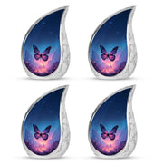 Twilight Blue Butterfly Cremation Urn close-up of engraving and surface detail - graceful tear-shaped urn with butterfly motif - 10 inch aluminum urn for cremated remains