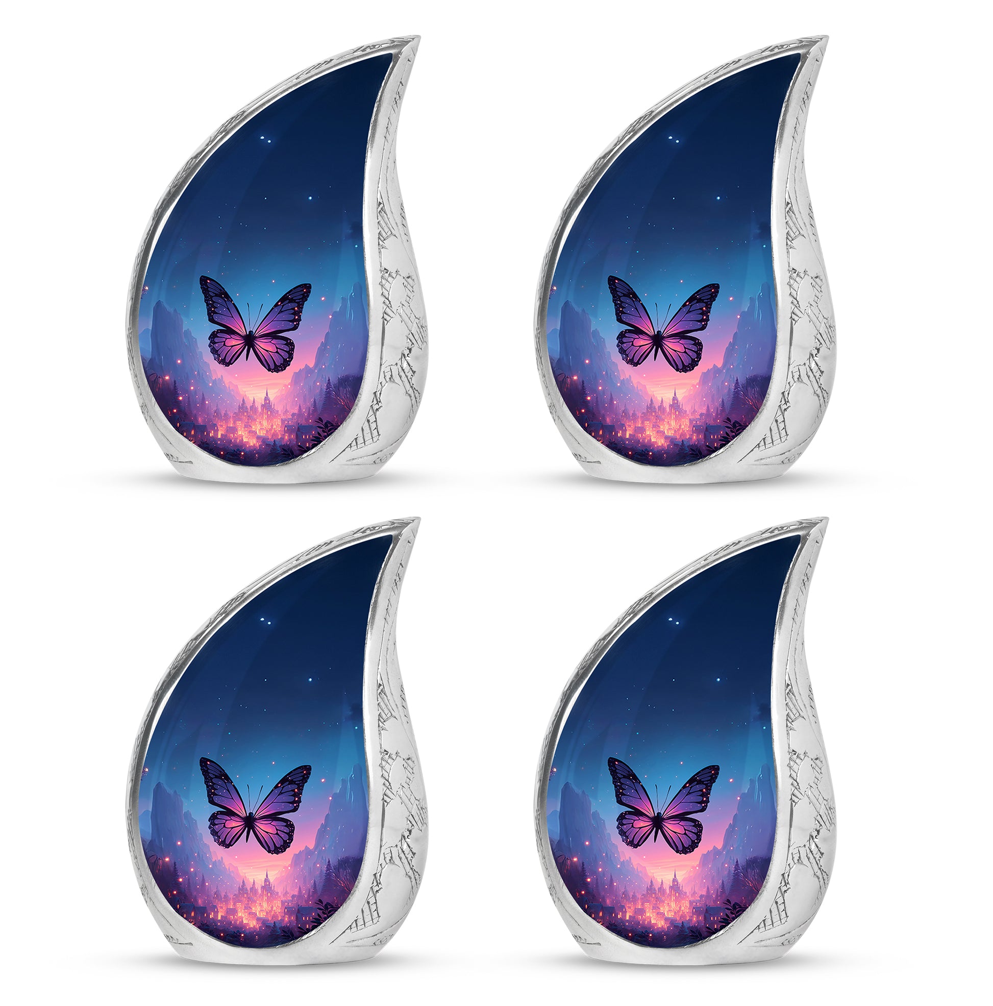 Twilight Blue Butterfly Cremation Urn close-up of engraving and surface detail - graceful tear-shaped urn with butterfly motif - 10 inch aluminum urn for cremated remains