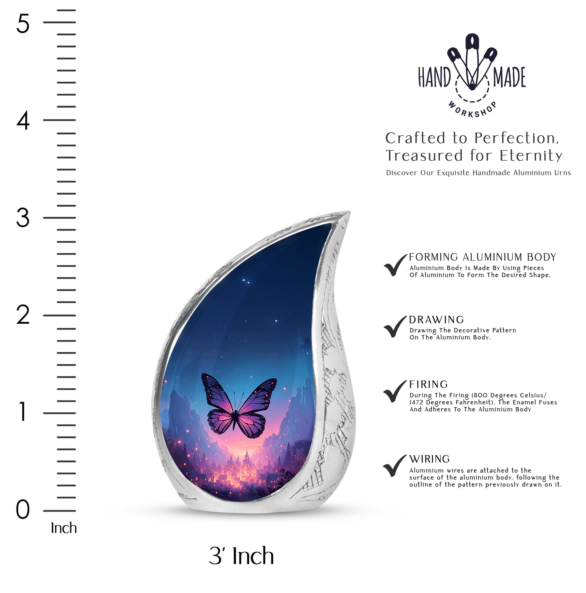 Icy Blue Butterfly Cremation Urn angled view of lid and engraved motif - flowing teardrop butterfly silhouette on curved aluminum - mini keepsake memorial for portion of cremation ashes